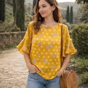 Vince Camuto Women Yellow Paisley Print Flutter Sleeve‎ Blouse Top XS Silky Boho